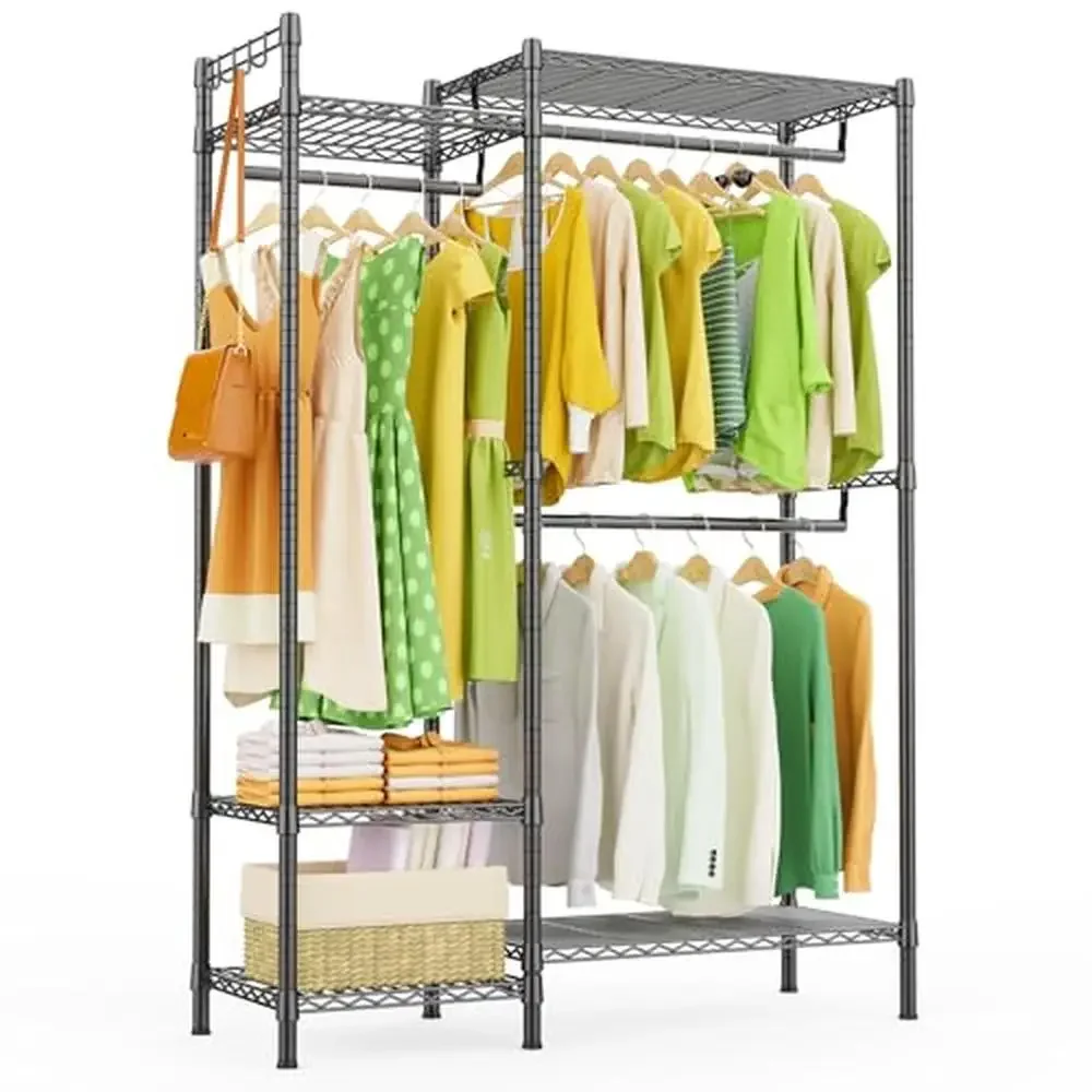 

Heavy Duty Adjustable Garment Rack with 3 Hanging Rods and Shelves Portable Freestanding Wire Wardrobe Rack Clothes Carbon Steel