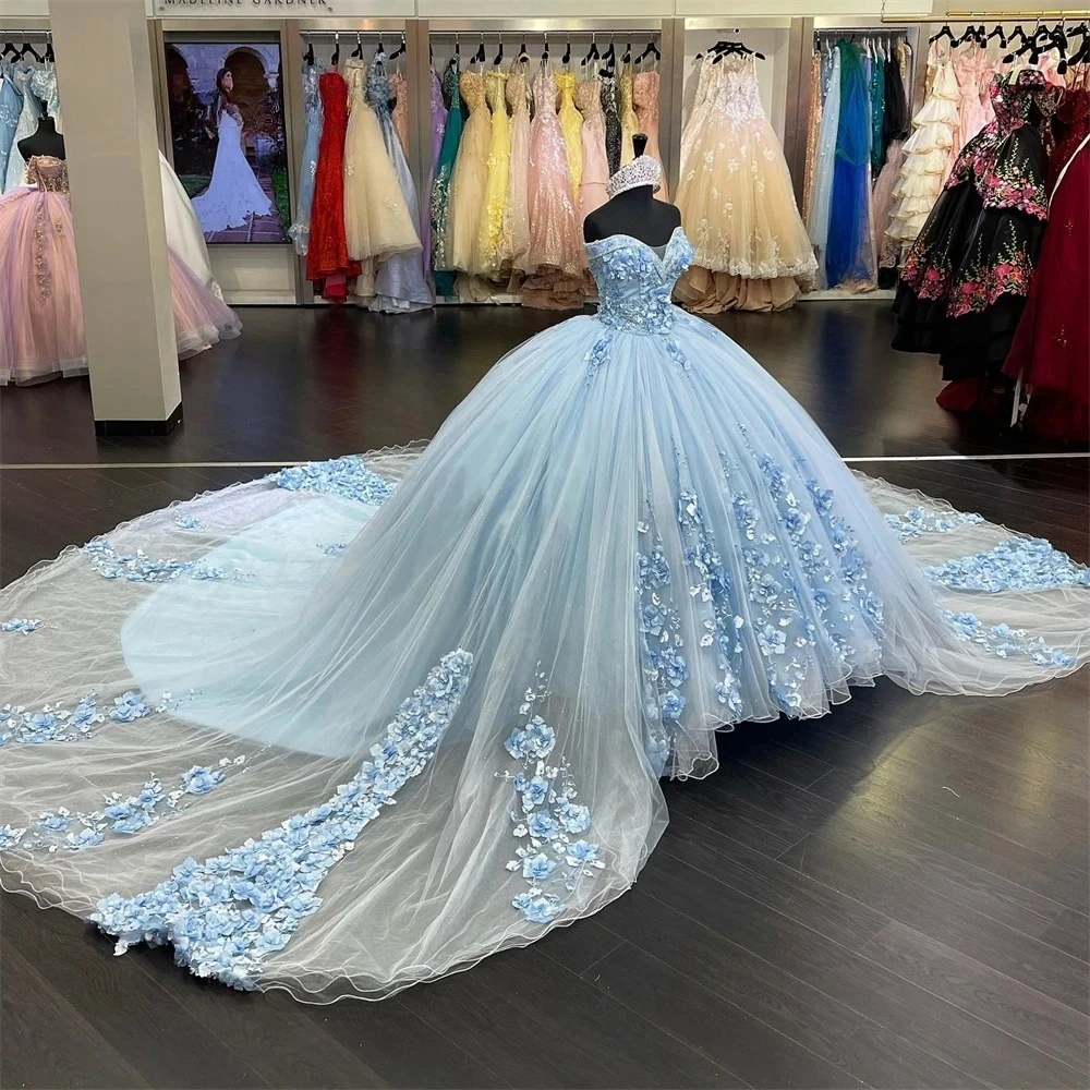 Robes de Quinceanera princesse bleu ciel, robe de Rh, chérie, perles florales, Sweet 16 robes, 15 ans, personnalisé