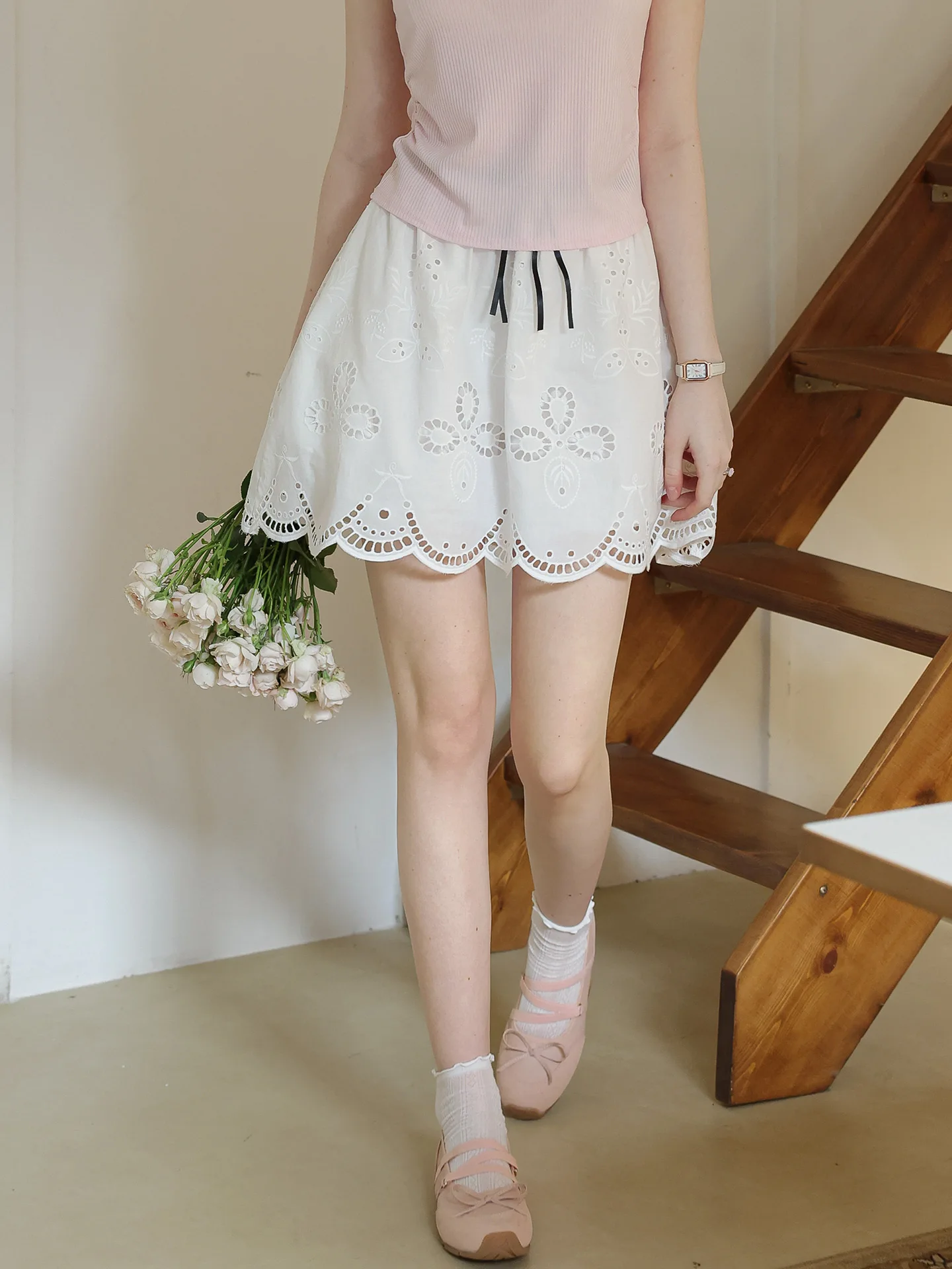 White Pure Cotton Embroidered Hollow out A-Line  Skirt with Bow High Waist Women Summer Fashion Commute Breathable Skin-F...