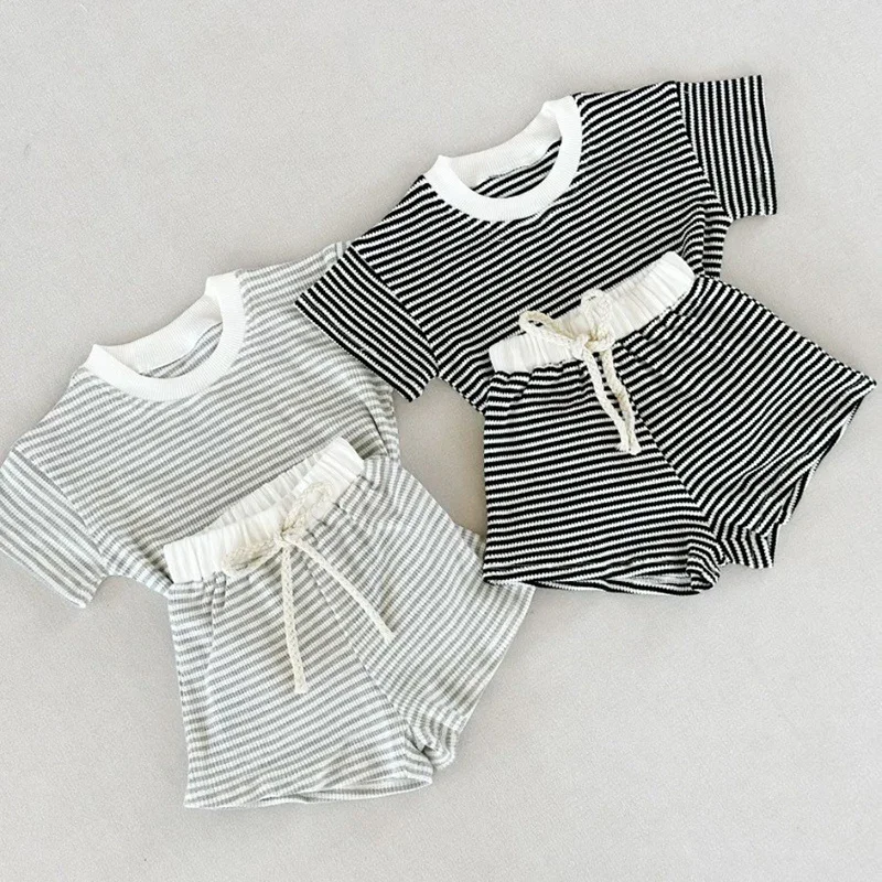 

2026 New Summer Toddler Baby Girls Clothing Set Short Sleeved Cotton Striped T-shirt+Shorts 0-3Yrs Children Clothes Suit