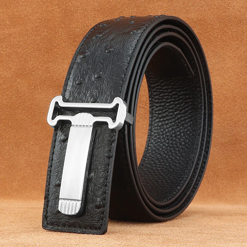 

High quality letter T slide buckle ostrich pattern genuine leather 3.8cm wide Gray men luxury trends Waistband cow hide