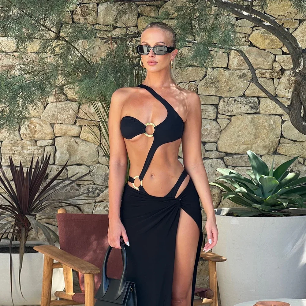 Two-Pieces Women One Shoulder 2024 Push-Up Padded Bra Black Swimsuit Swimwear Bathing Suit Beachwear Monokini Female