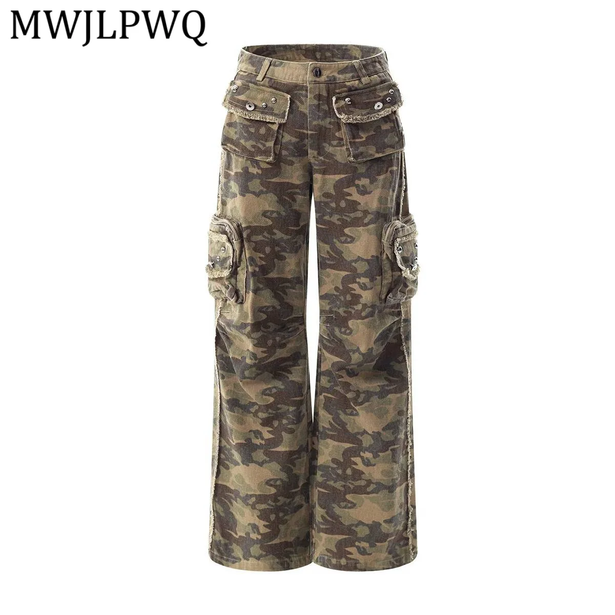

MWJLPWQ High Street Camouflage Frayed Cargo Jeans Male American Slightly Flared Washed Multi-Pocket Casual Trousers Spring 22051