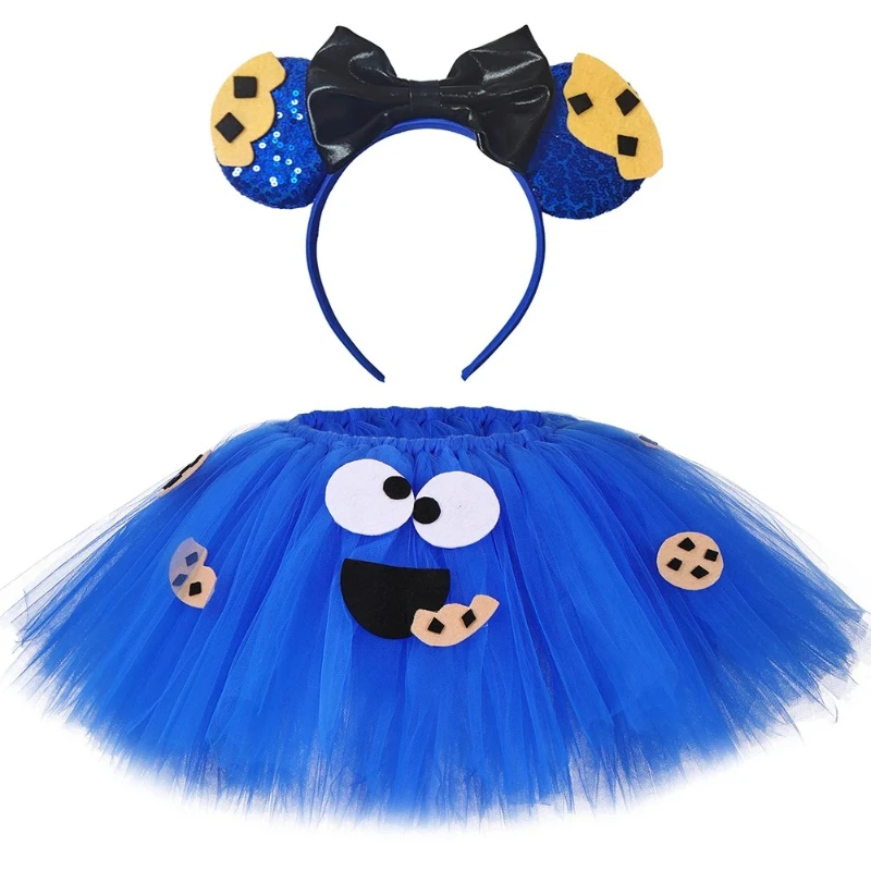 Conjunto de falda tutú para niñas de galletas, falda de tul azul esponjoso para niñas, falda de fiesta de cumpleaños para niños, tutú para niñas, disfraz de monstruo de Halloween