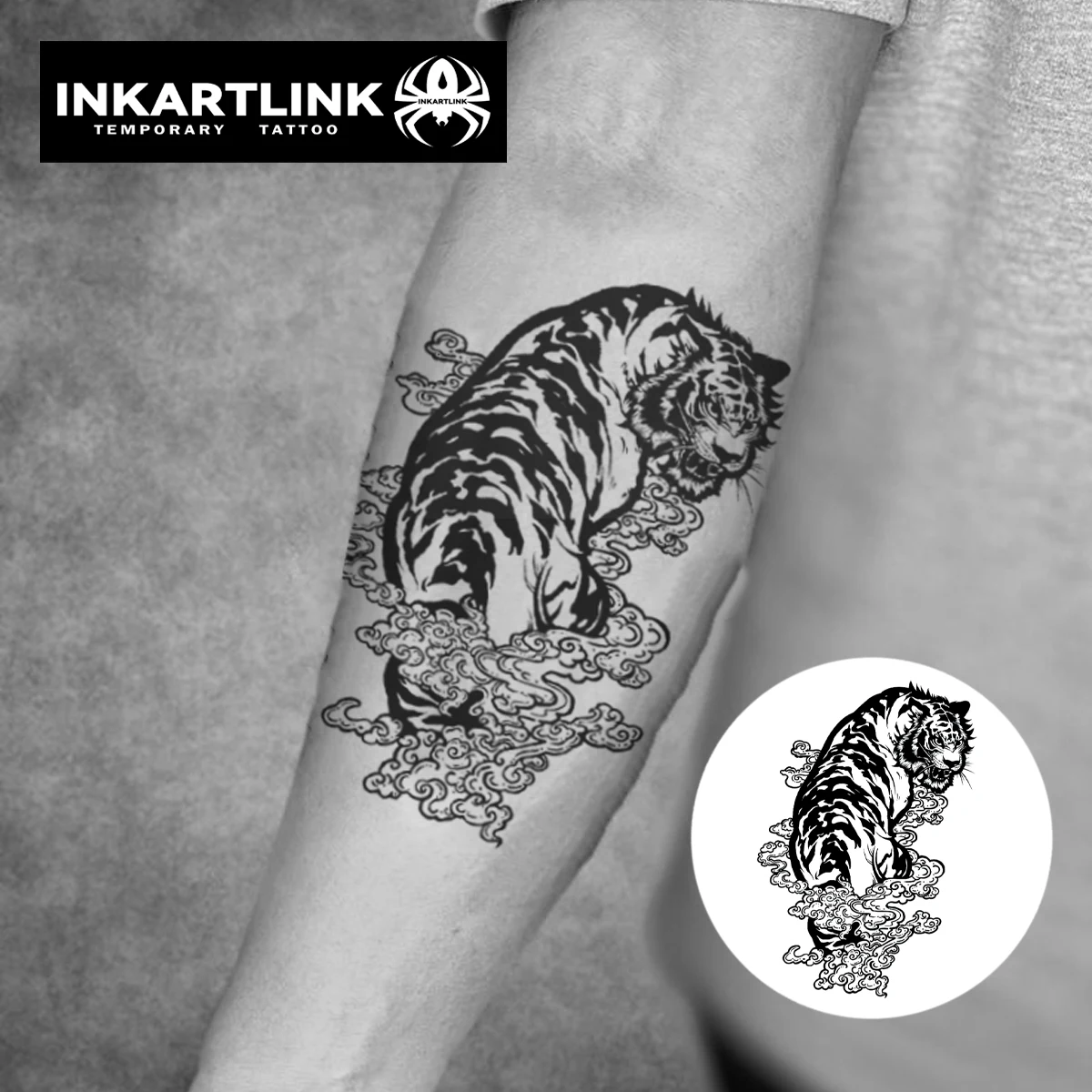 INKARTLINK Tiger Lucky Cloud Tattoo Patch 1-2 Weeks Long Lasting Eastern Roaring Tiger Totem Waterproof Temporary Tattoo