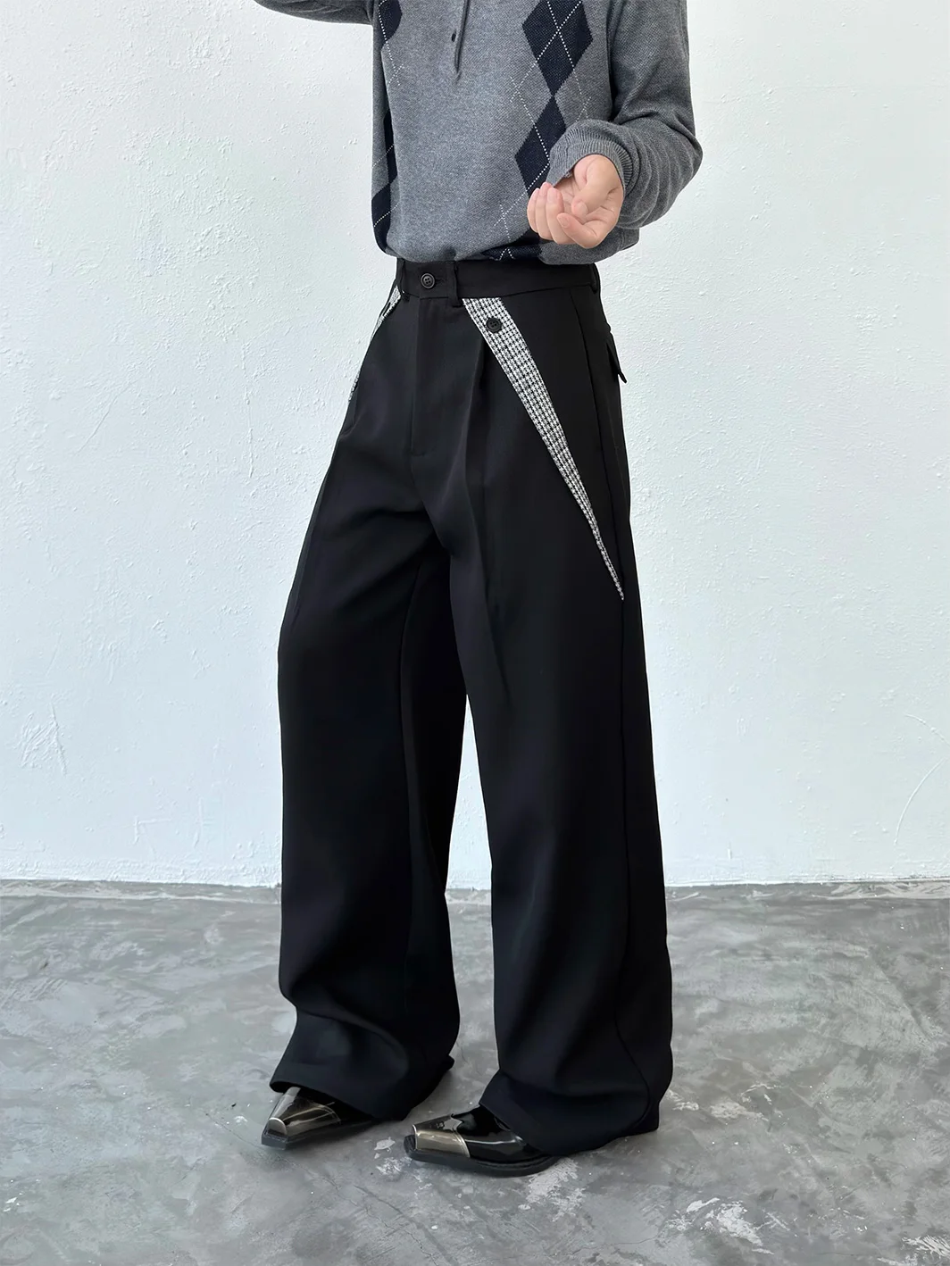 BKYC High-End Black Plaid Splicing Straight Leg Men's Loose Wide Leg Draping Long Trousers Youth Casual Cool Style Pants