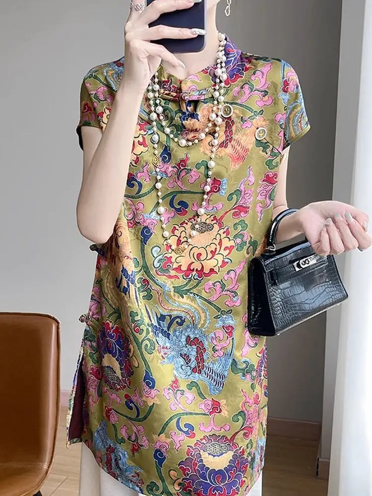 Elegant Chinese Style Printed Silk Satin Slimming Top Short Sleeve Midi Length Retro Button Stand Collar Summer New Arrival