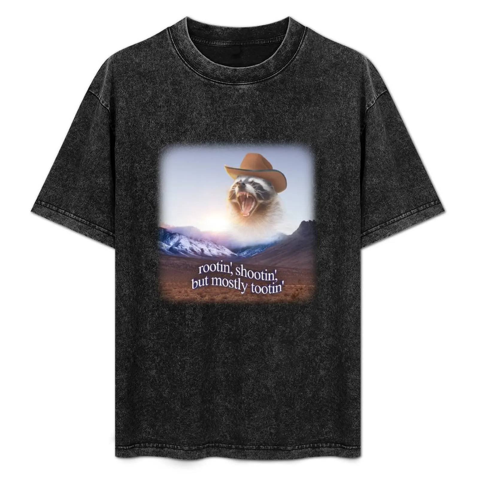 rootin shootin but mostly tootin cowboy raccoon word art T-Shirt summer top affliction shirts sweat plain black t shirts men