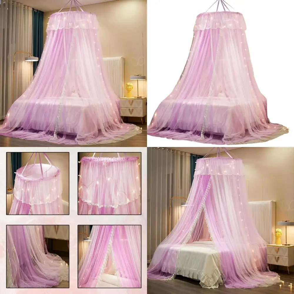 

Двухслойная сетчатая купольная шторка для кровати с круглым кружевом и светодиодными звездами, в стиле принцессы, белая