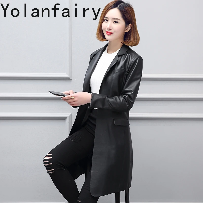 YOLANFAIRY Real Sheepskin Leather Trench Coat Women Spring Autumn Mid-length Genuine Leather Jacket Woman Suit Collar Slim Coats