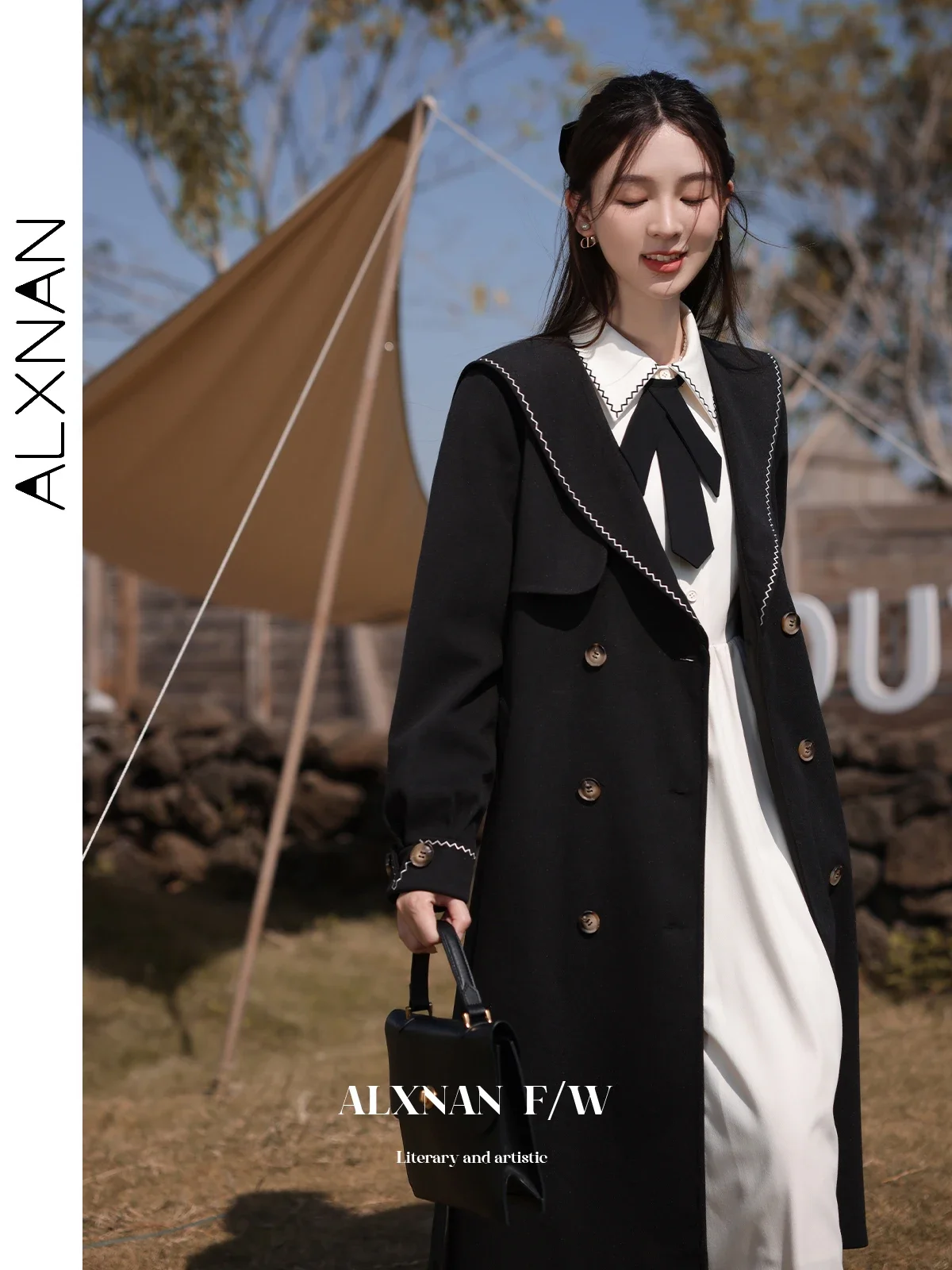 ALXNAN Cappotto di lana da donna Preppy Nero ricamato con scollo a V Manica lunga Giacche monopetto Cintura Cappotto autunno inverno LXN27961