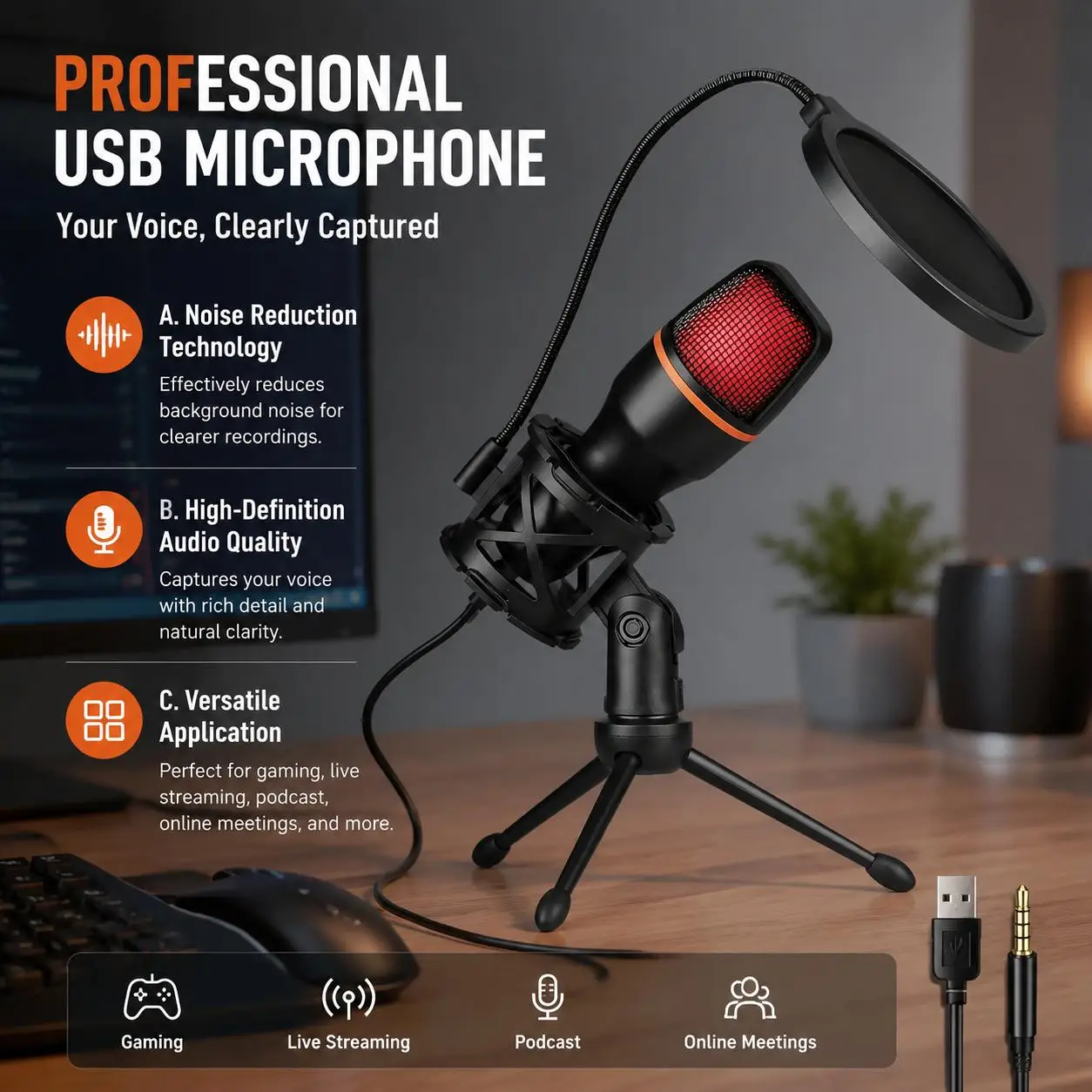 Professional Gaming USB Cardioid Condenser Microphone Kit with Tripod Stand RGB Lighting Shock Mount Pop Filter for Streaming YouTube Podcast Video Recording Studio PC Computer Laptop Mute Button Voice Changer Plug and Play High Quality