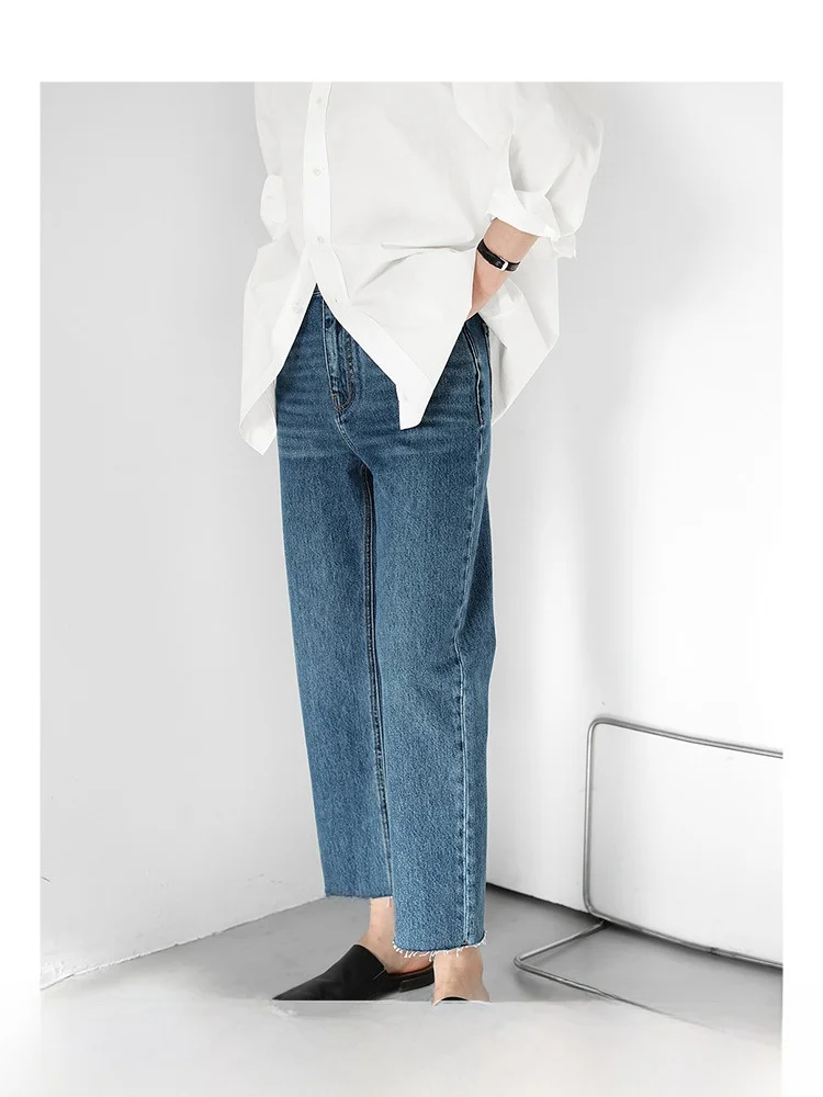 

Синие джинсовые прямые джинсы с девятью зубцами, женские весенне-осенние джинсы с высокой талией и рваным подолом, повседневные удобные летние джинсы