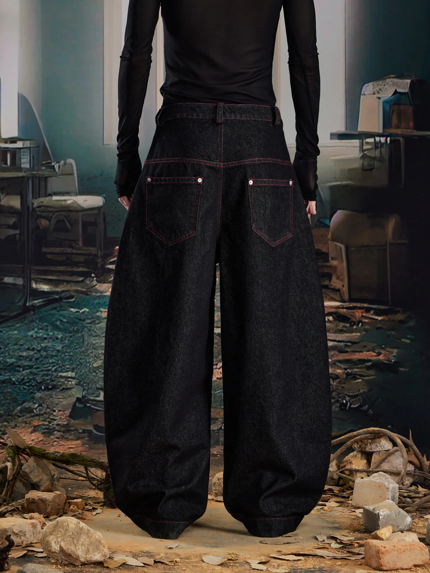 Special-Interest Design 25aw Red New Style Line All-Match Loose Wide Leg Machete Cow Jeans