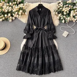 JAMERARY Autumn Holiday Loose White Lace Prom Prom Dress Women's V Neck Long Flare Sleeve Belt Solid Evening Robe Party Vestido