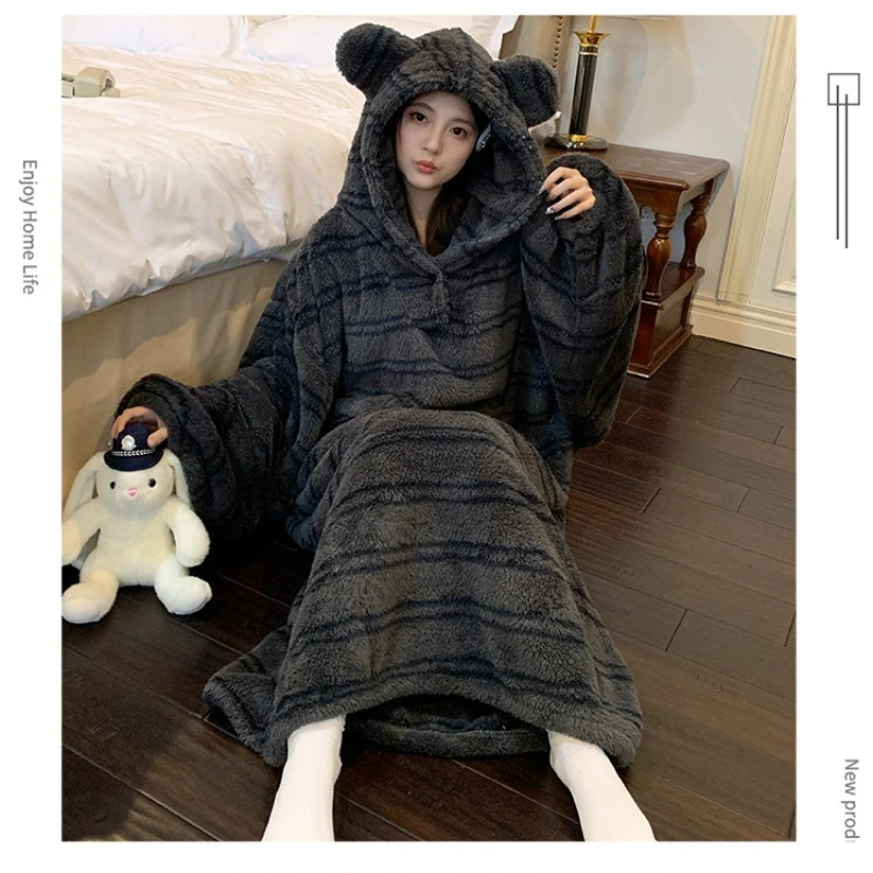 

M-2XL Coral Fleece Hooded Nightgown Women Winter Long Pajamas Dress Students Lazy Striped Thickened Warm Loungewear Home Clothes
