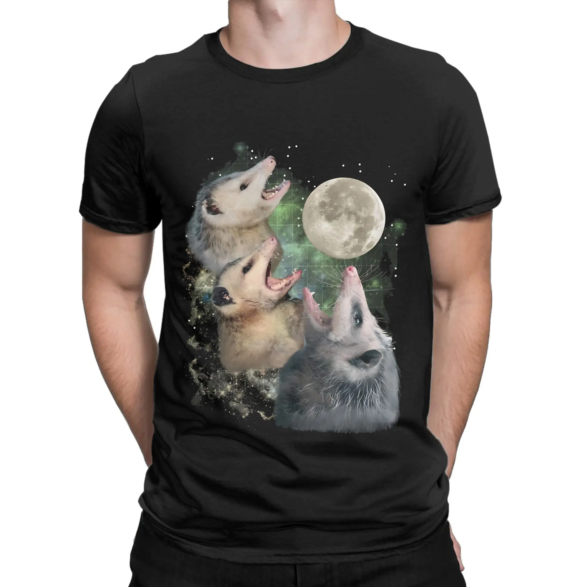 Three Opossums Howling At Moon Screaming Oversized Novelty 100% Cotton T-Shirt Possum Tees Tops For Men