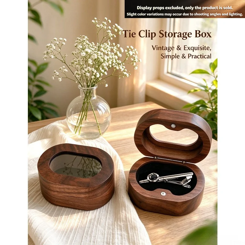 Vintage Solid Wood Gift Box, Walnut Wood Transparent Case for Cufflinks & Tie Clips, Wooden Jewelry Storage Packaging Box