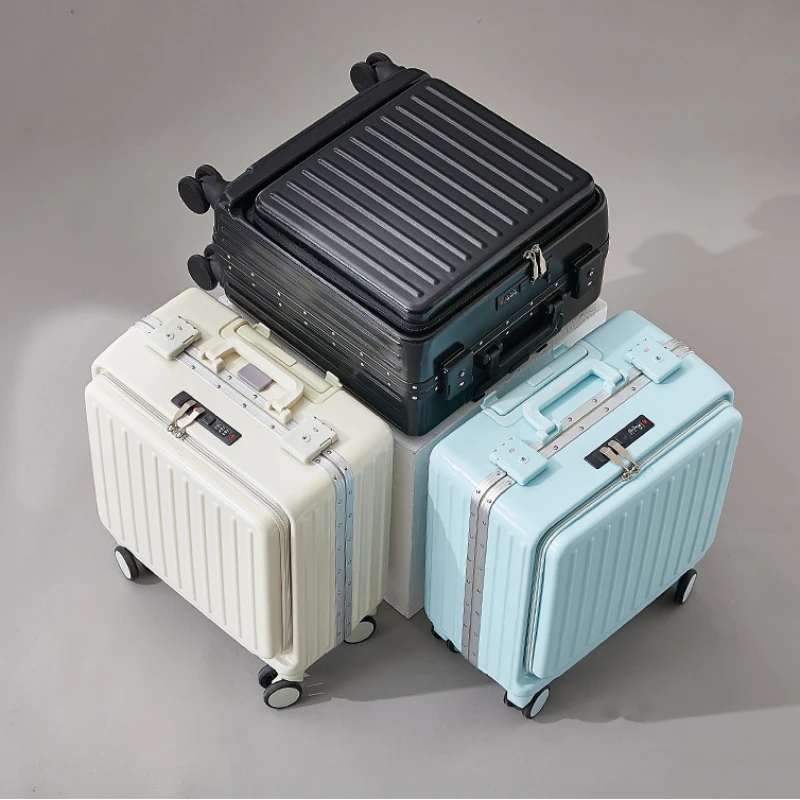Fashion Rolling Luggage Travel Suitcase Front Open Cover Suitcases Boarding Box Student Trolley Password Case Cup Holder Trunk