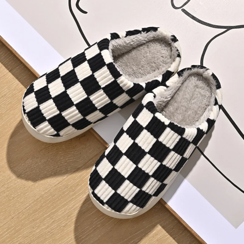 Shoes For Women Winter Home Slippers Checkered Faux Fur TPR Light Sole White Black Chessboard Plaid Shoes Best Gift Woman Shoes