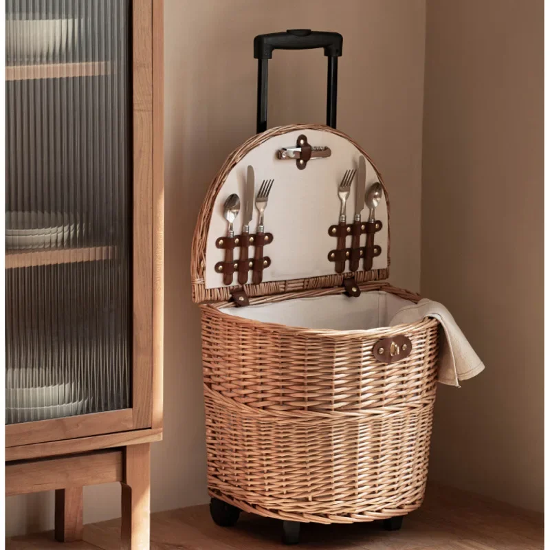 

Outdoor Pull Rod Picnic Basket Natural Rattan Woven Fruit Hamper With Lining Clothing Storage Exquisite Tableware Organizer Cart