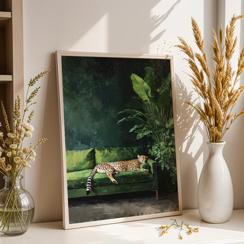 Minimal Resting Cheetah On Dark‑green Sofa Canvas Wall Decor Picture, 2D Printed Poster Wall Art, Vintage Home Decor Gift For Li