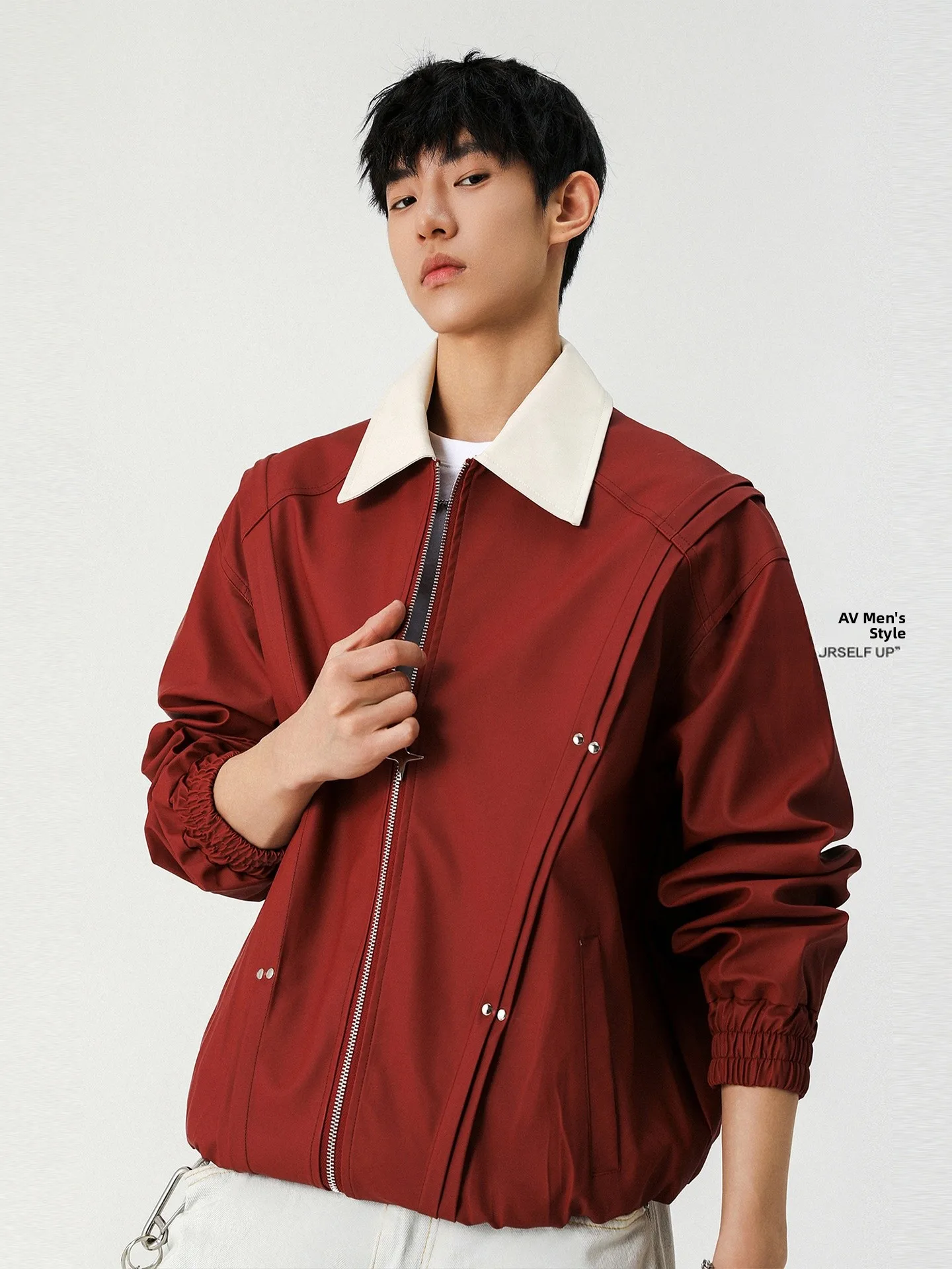 

Red Wine Color Stand Collar Jaet Men's Loose Casual Versatile Cool Teenage Outerwear Autumn New Sle Faion Brand