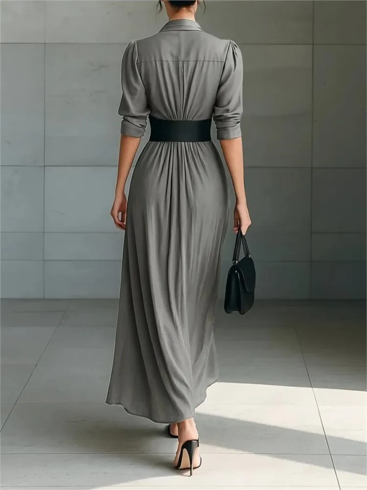 Robes femmes couleur unie élégant col boutonné chemise Robe avec ceinture multicolore Maxi Robe Chic élégant fête robes