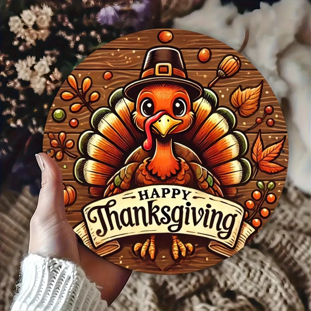 

Happy Thanksgiving Aluminum Alloy Wall Art with Whimsical Turkey, Autumn Leaves & Pumpkins Design - Home, Cafe, Bar Wall