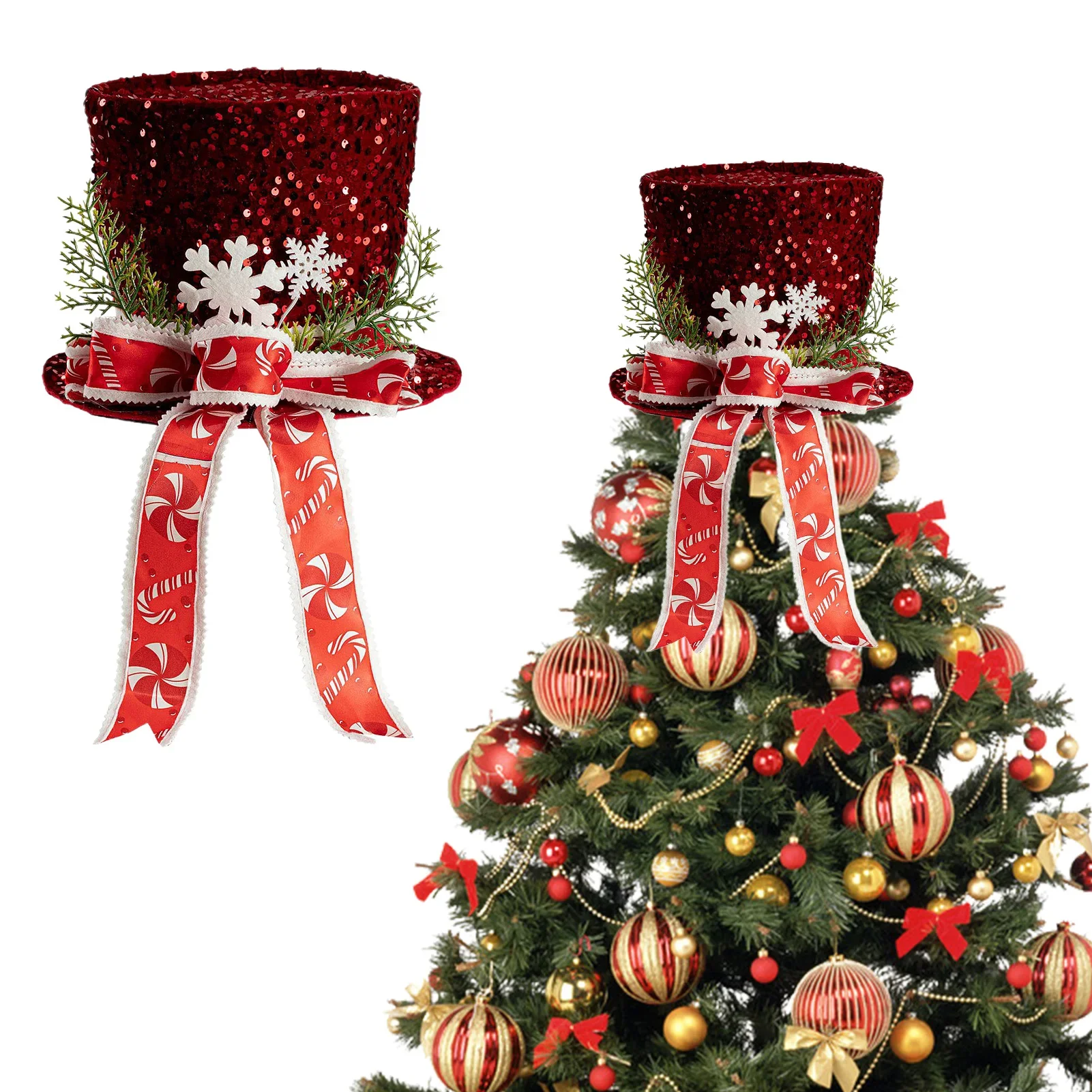 

Christmas Tree Topper Xmas Tree Decoration Sequin Bow Hat Snowflake Pine Branch for Christmas Decoration 2025