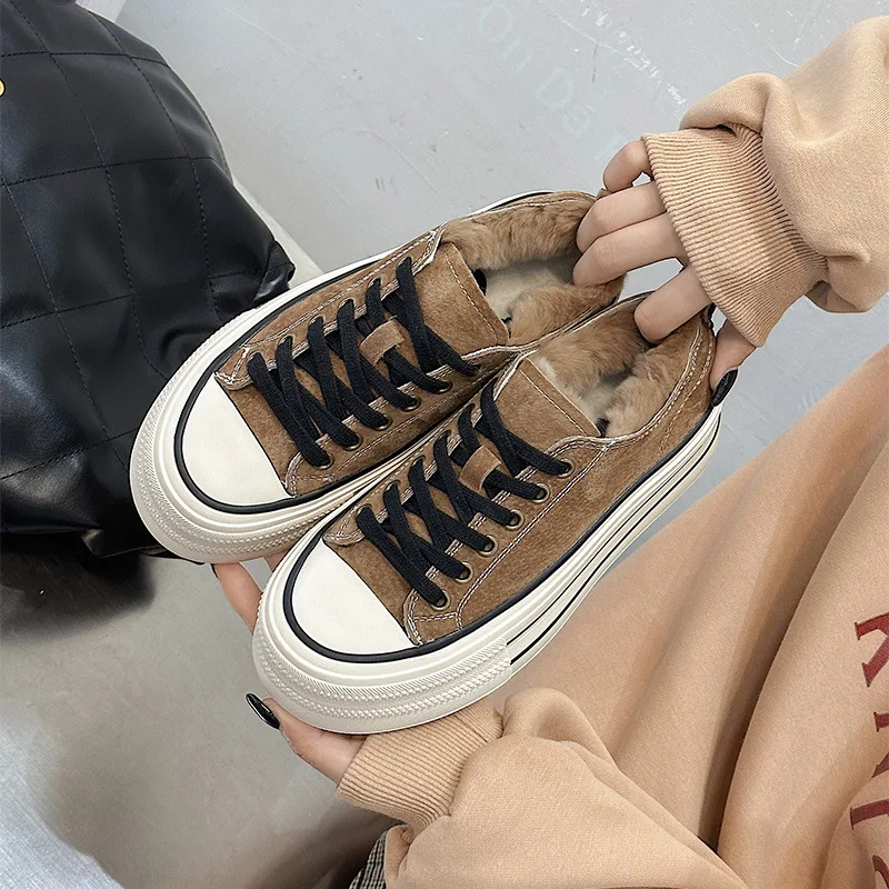 

Women's Thick-Soled Lace-Up Sneakers Rabbit Fur Lining Satin-Finish Genuine Leather Round Toe Warm, Durable and Slip-Resistant