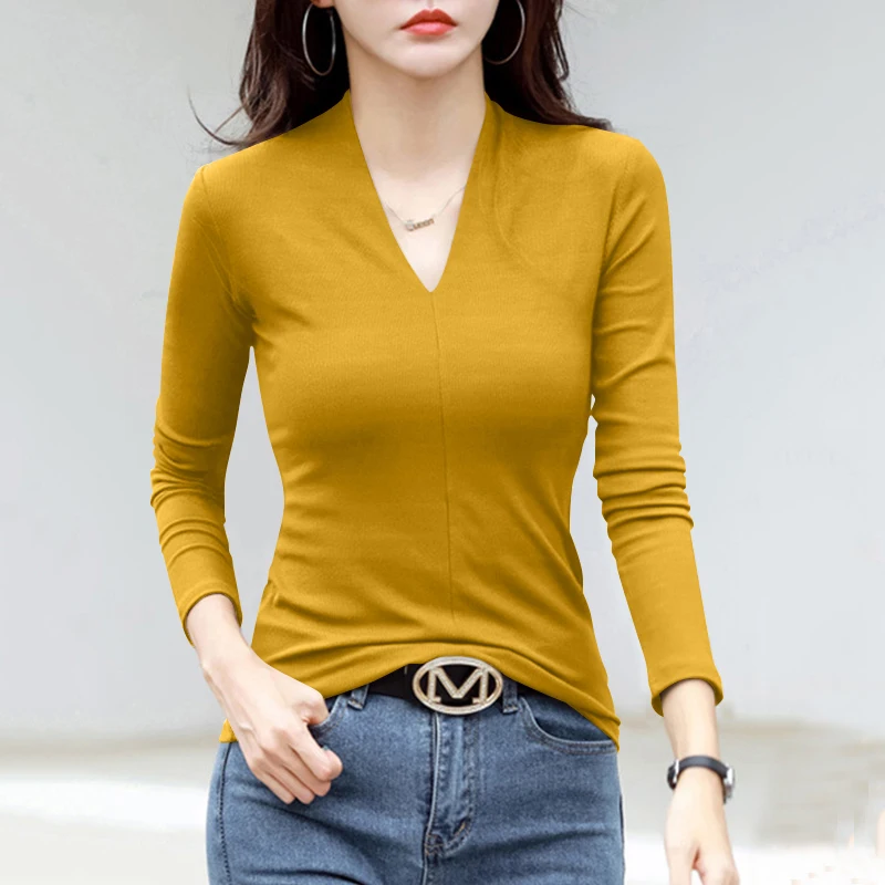 Damska dopasowana bluzka z długim rękawem, dekoltem w serek, modna warstwa bazowa, koreański styl, elegancka, do pracy, jednolita, na zimę.