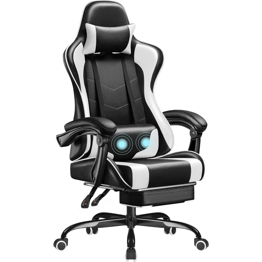 Game Chair with Footrest and Massage Lumbar Support, Ergonomic Computer Chair Height Adjustable with Swivel Seat and Headrest