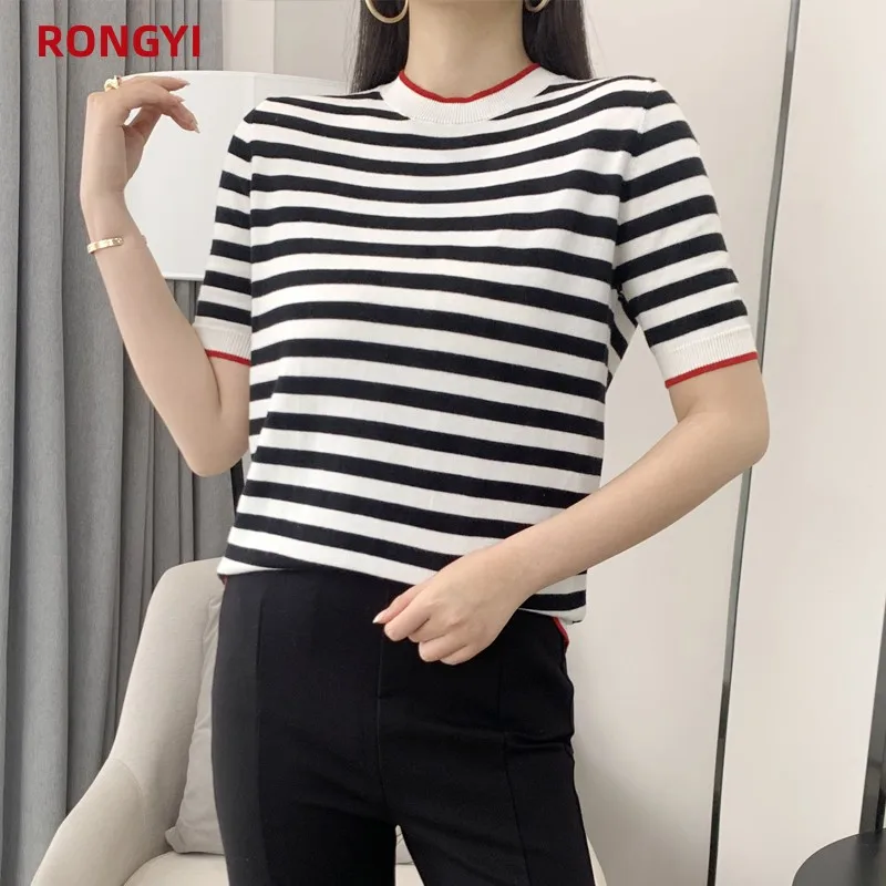 RONGYI Summer Women\'s O-Neck Striped 100% Cotton Short Sleeve T-Shirt With Loose Pullover Casual Knit Top High Quality 5 Sizes