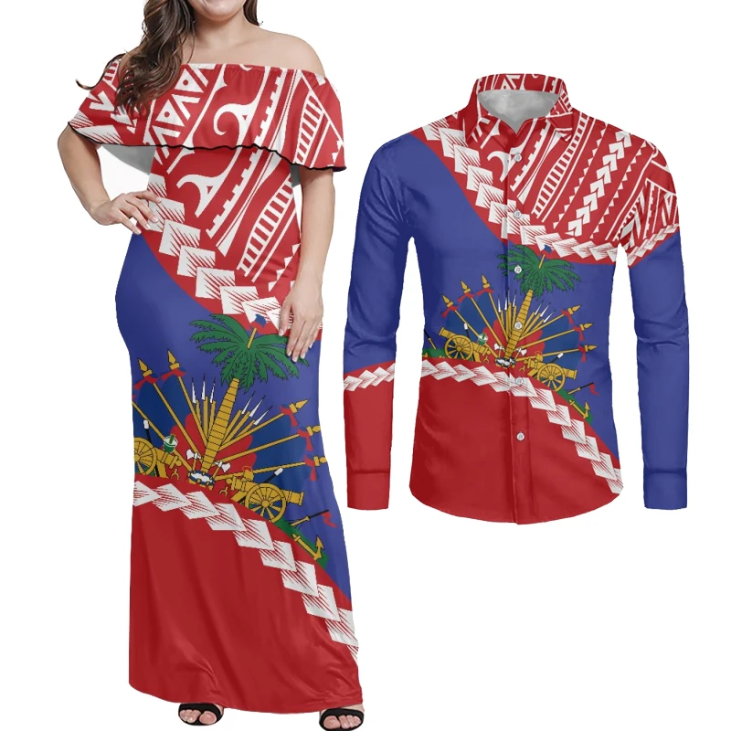 HYCOOL Hot Sale Customize Tonga Puletasi Polynesian Design Top and Party Long Skirt Dress Off Shoulder Dresse Match Mens Shirts