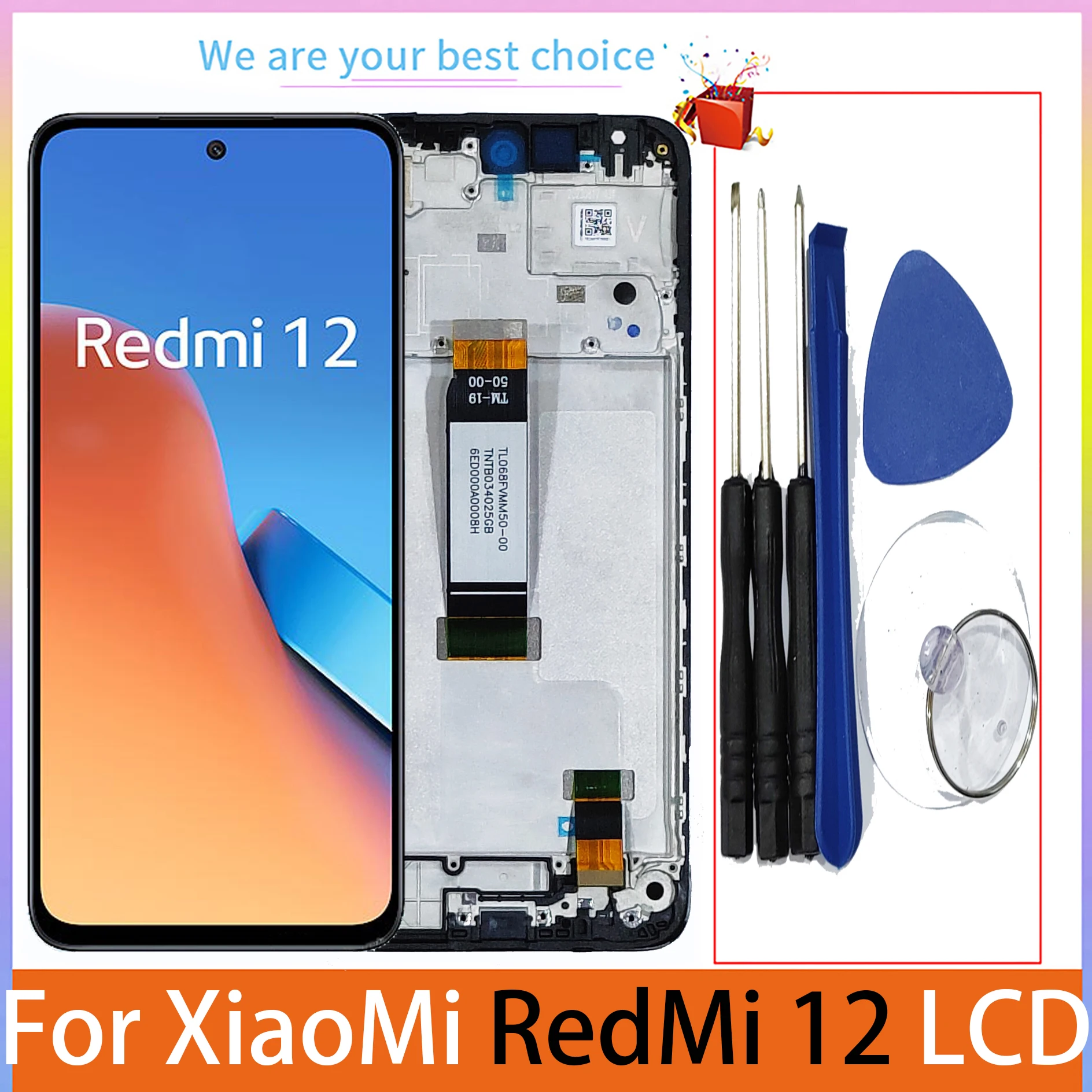 샤오미 레드미 12 LCD 디스플레이 프레임 포함, Redmi12 스크린 터치 패널 교체 부품, 23053RN02A 23053RN02Y 23053RN02I