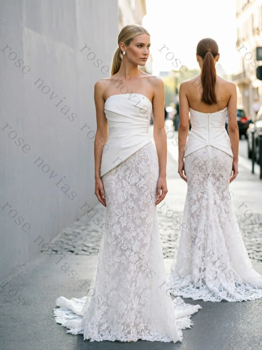 Customized Strapless Wrap Satin Bodice Lace Mermaid Wedding Dress Irregular Waist Design Chapel Train Mixed Fabric Bridal Gown