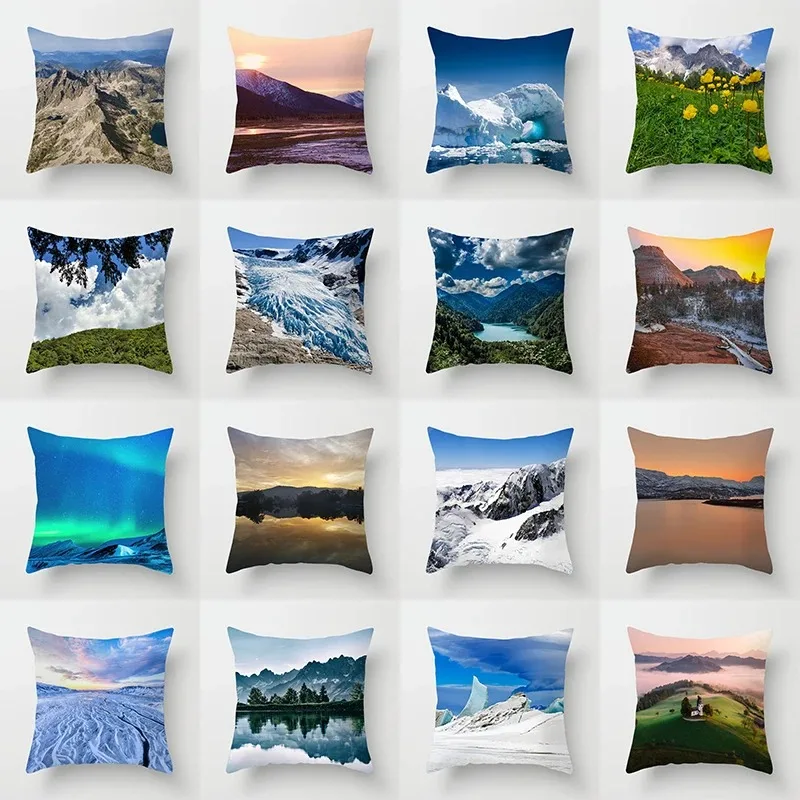 

Luxury Home Decoration Cushion Cover Natural Scenery Snow Mountain Waterfall Pattern Office Decoration Pillow Cover