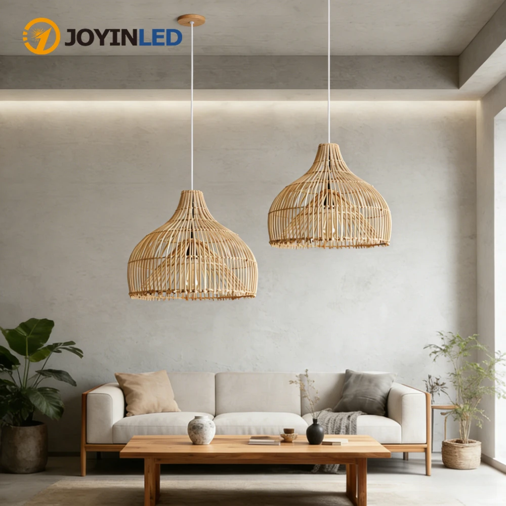 JOYINLED Vintage Weiden-Kronleuchter 40CM Rattan-Pendelleuchten Handgewebte Hängelampe aus Rattankorb für Esszimmer und Wohnzimmer