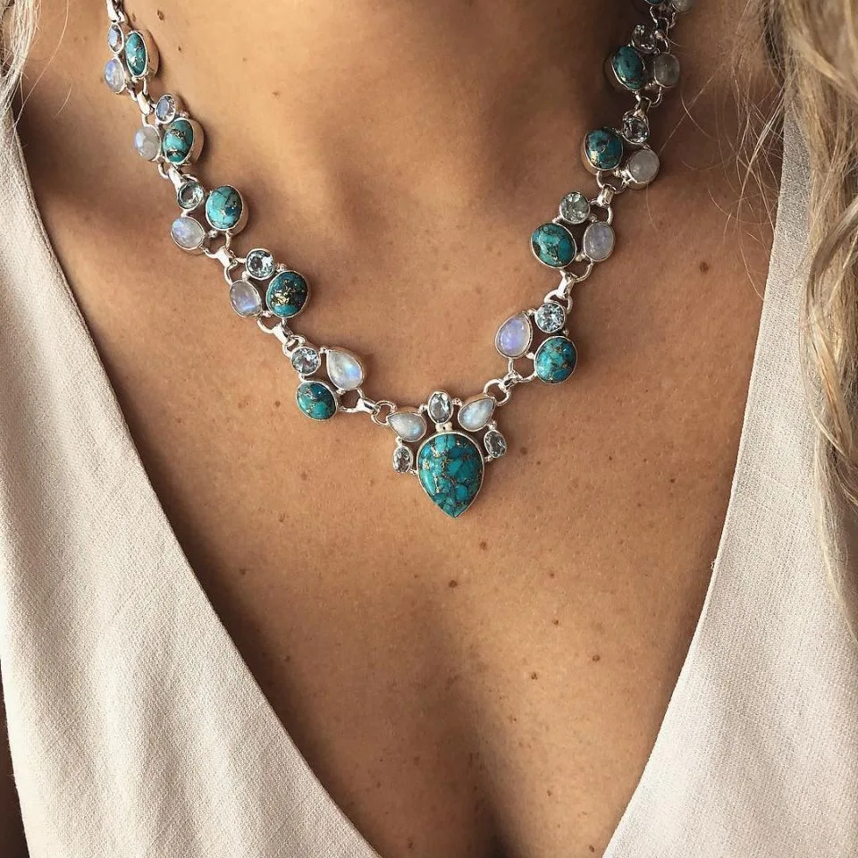 

boho style necklace Turquoise Necklace For Women Charm Niche Stacked Bead Pendant Collarbone Chain Girls Fashion Jewelry Access