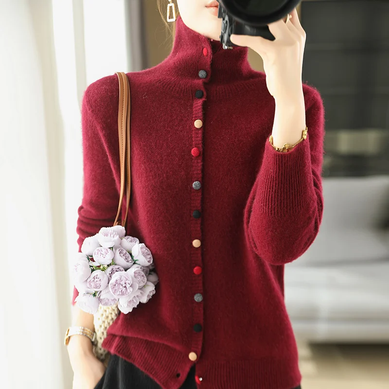 Cárdigan de lana de 100% para mujer, Jersey de punto con solapa, suéter holgado de una sola botonadura, abrigo con botones coloridos, Tops, blusa informal