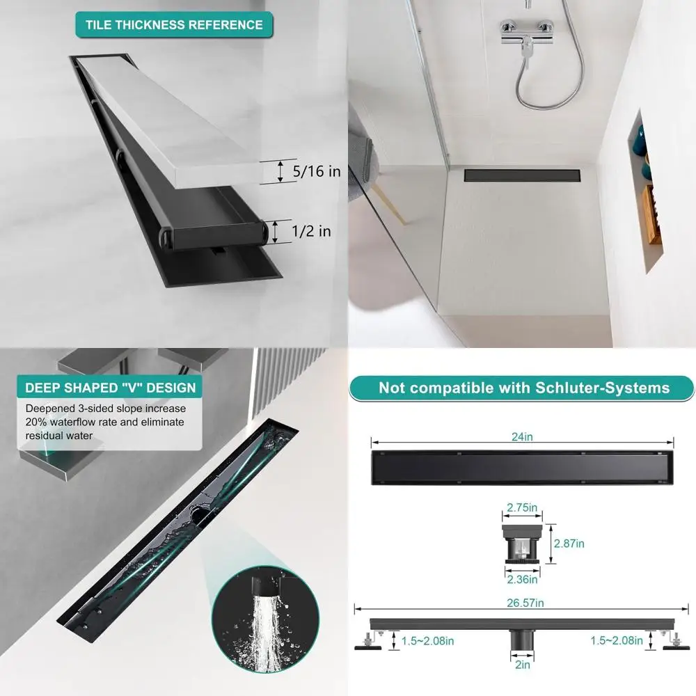 

24 Inch Rectangular Shower Floor Drain with Reversible Tile Insert, 304 Stainless Steel, Hair Catcher, Leveling Feet - Matte Bla