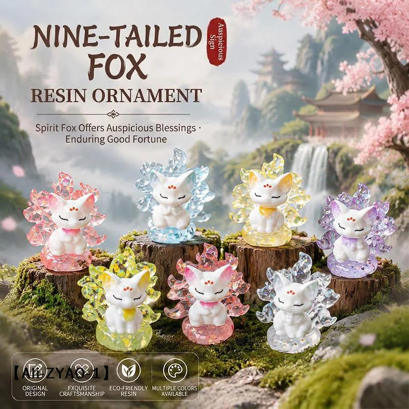 【O】Resin Nine Tailed Fox Figurine With Transparent Tails Eco Friendly Material For Home Desktop Decor Gift