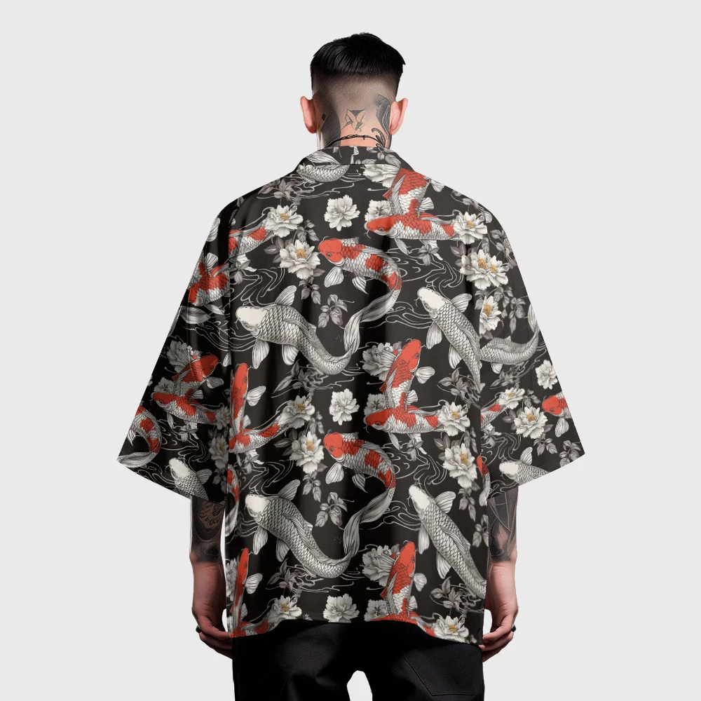 

Summer Samurai Kimono Men Stylish Retro Haori Streetwear Kimono Cosplay Japanese Clothes Chic Cardigan Robe Fish Print Yukata