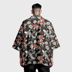 Summer Samurai Kimono Men Stylish Retro Haori Streetwear Kimono Cosplay Japanese Clothes Chic Cardigan Robe Fish Print Yukata