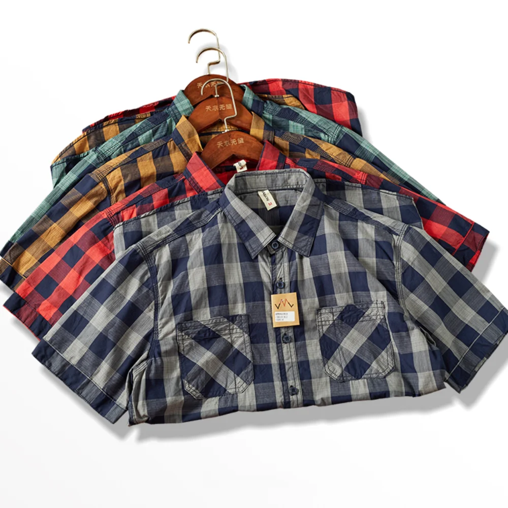 Vintage plaid short-sleeved shirt men\'s mix and match pocket color patchwork check trend casual half-sleeved shirt