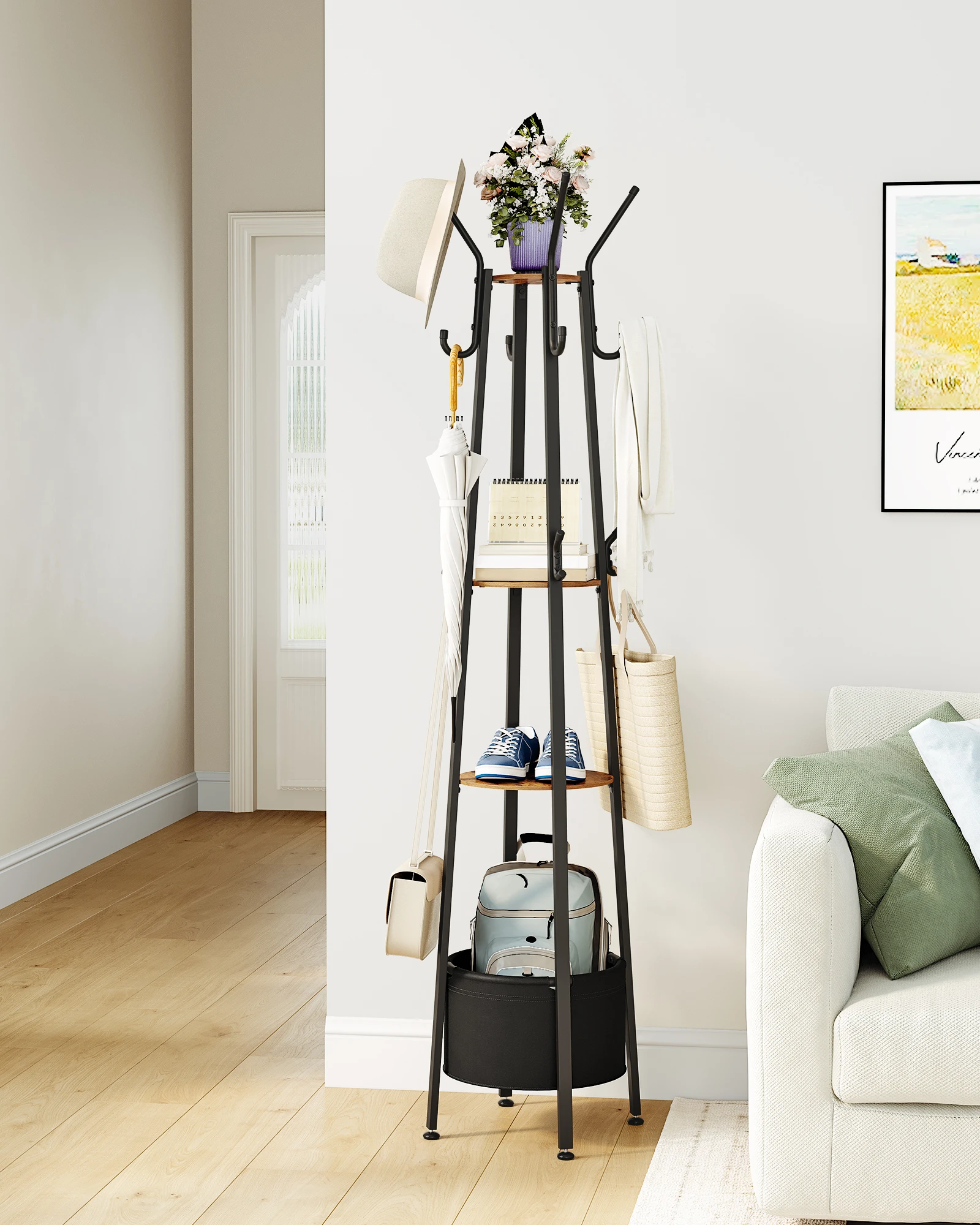 Hzuaneri Appendiabiti con ampio cestino portaoggetti, appendiabiti con 3 ripiani e 16 ganci per sciarpe, borse, cappelli, per ingresso, camera da letto