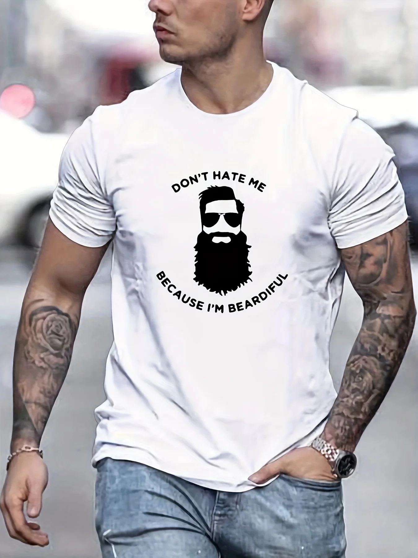 Beard Anime Man & Letter Pattern Men\'s T-shirt 100% Cotton for Summer Outdoor Oversized T-Shirt Men\'s Fashion Crew Neck Tops