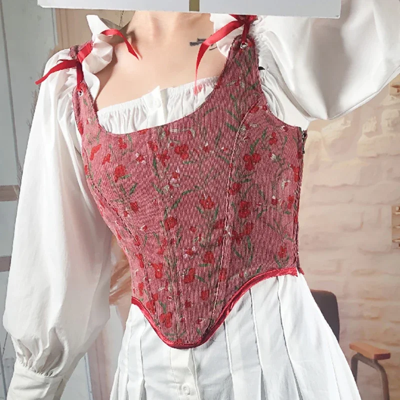 

Новые милые топы с цветочным принтом, женский сексуальный корсет с v-образным вырезом, вельвет, маленький цветочный принт, бант, лепестковый подол, элегантный женский жилет