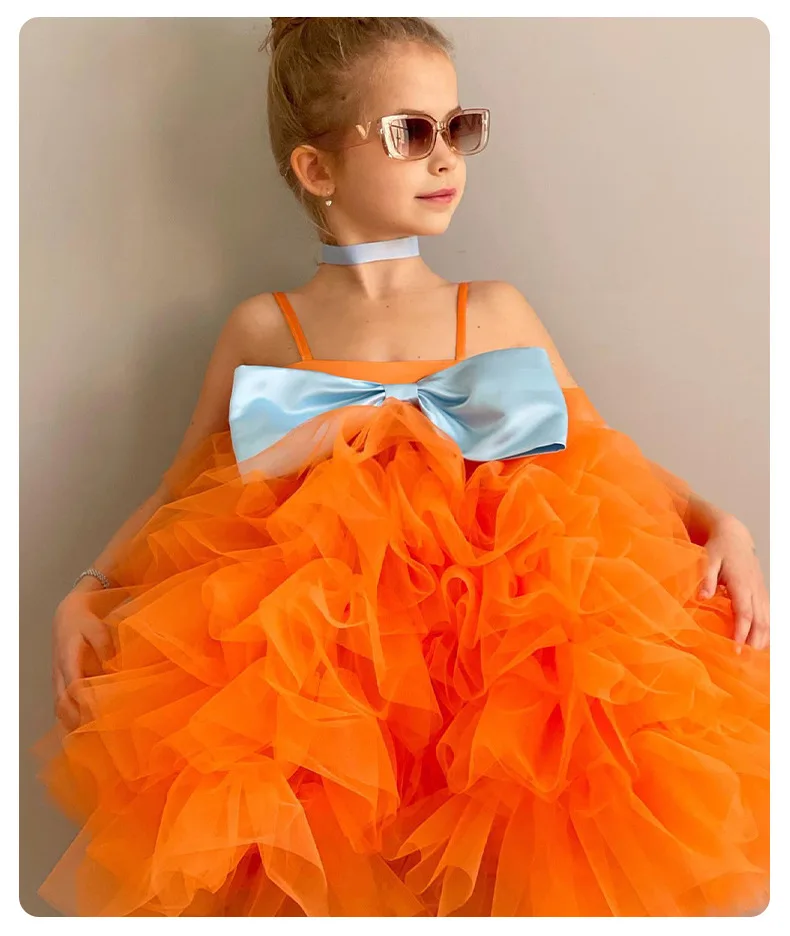 2026 New Baby Summer Girls Boutique Orange Tutu Bow Sling Dress , Princess Kids Sweet Fashion Party Dress  4-8 T